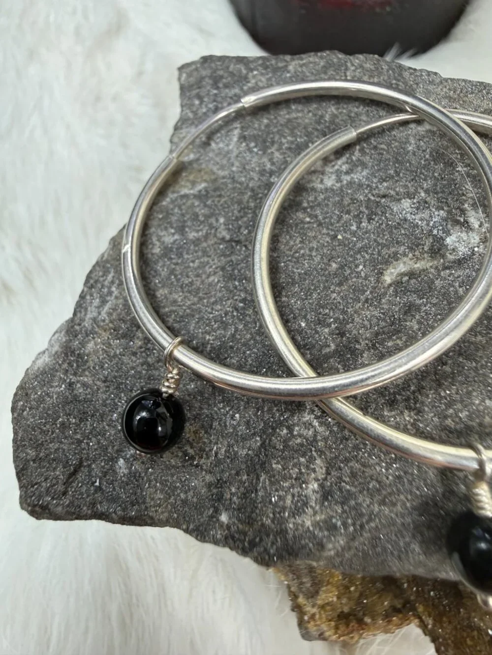 Sterling Silver Hoop Earrings w/ Black Onyx Dangle Bead 1.75
